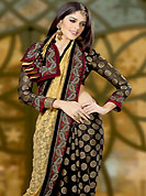 Outfit is a novel ways of getting yourself noticed. This dark golden yellow and black net and chanderi saree is nicely designed with embroidery and patch border is done with resham and zari work. Saree gives you a singular and dissimilar look. Matching blouse is available. Slight color variations are possible due to differing screen and photograph resolution.