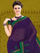 A desire that evokes a sense of belonging with a striking details. This beautiful violet and green faux chiffon saree is nicely designed with dots, floral print and zari work. Beautiful print work on saree make attractive to impress all. Matching blouse is available with this saree. Slight color variations are due to differing screen and photography resolution.