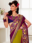 The fascinating beautiful subtly garment with lovely patterns. This purple and light olive green jacquard and georgette saree have beautiful embroidery patch work which is embellished with resham, zari, sequins and lace work. Fabulous designed embroidery gives you an ethnic look and increasing your beauty. Contrasting magenta and purple blouse is available. Slight Color variations are possible due to differing screen and photograph resolutions.