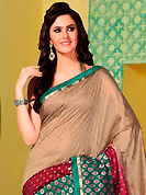 Keep the interest with this embroidered saree. This fawn, turquoise green and maroon art silk saree is nicely designed with floral print, self weaving zari, resham and patch bordered work. Beautiful embroidery work on saree make attractive to impress all. This saree gives you a modern and different look in fabulous style. Matching blouse is available. Slight color variations are possible due to differing screen and photograph resolution.