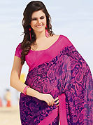 Try out this year top trend, glowing, bold and natural collection. This beautiful purple and pink faux chiffon saree is nicely designed with paisley print work. Beautiful print work on saree make attractive to impress all. It will enhance your personality and gives you a singular look. Matching blouse is available with this saree. Slight color variations are due to differing screen and photography resolution.