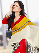Make a trendy look with this classic printed saree. This beautiful off white, red and yellow faux georgette saree is nicely designed with floral and abstract print work. Beautiful print work on saree make attractive to impress all. It will enhance your personality and gives you a singular look. Matching blouse is available with this saree. Slight color variations are due to differing screen and photography resolution.