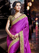 Dreamy variation on shape and forms compliment your style with tradition. This magenta silk saree have beautiful embroidery patch work which is embellished with resham and sequins work. Fabulous designed embroidery gives you an ethnic look and increasing your beauty. Matching blouse is available. Slight Color variations are possible due to differing screen and photograph resolutions.