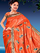 Elegance and innovation of designs crafted for you. This saree have beautiful embroidery work on pallu and border. This saree is nicely designed with resham, zari and sitara work to give you pretty and singular look. The border of this saree is a symbol of elegance in its own.  This saree made with silk with georgette mix fabric. Matching blouse is available. Slight Color variations are possible due to differing screen and photograph resolutions.