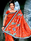 The floral patterns used on this saree maintain the ethnic look. This saree have beautiful embroidery work on pallu and border. This saree is nicely designed with resham, zari and sitara work to give you pretty and singular look. The border of this saree is a symbol of elegance in its own.  This saree made with silk with georgette mix fabric. Matching blouse is available. Slight Color variations are possible due to differing screen and photograph resolutions.