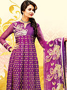 Be ready to slip in the comfort zone of purple georgette suit. The dazzling kameez have amazing floral embroidered work done with resham, zari and grave embroidered border. Paired with matching dupatta and churidar, the entire ensemble makes an excellent wear. Slight Color variations are possible due to differing screen and photograph resolutions.
