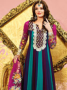 Motivate your look with this blue-magenta suit. This suit adorns with embroidery border work. Beautiful embroidery done with resham threads on kameez which is enhanced your personality. Stylish chandery print pattern on neck is stunning and give’s a singular look. Matching churidar and dupatta is available with this. Slight Color variations are possible due to differing screen and photograph resolutions.