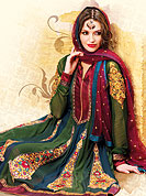 Embroidery suits are the best choice for a girl to enhance her feminine look. Lovely combination of color and Motifs can be seen here. This striking embroidered patch work kameez embellished with resham and satin patch work on neck and border. Matching churidar and dupatta gives a perfect finish. Slight Color variations are possible due to differing screen and photograph resolutions.