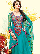 Motivate your look with this sky blue suit. This amazing suit adorns with embroidery work. Neck is nicely designed with huge floral pattern patch work done with resham threads. Satin lace border on kameez which is enhanced your personality. Butti work on dupatta is stunning and stylish. Matching churidar and embellished dupatta is available with this. Slight Color variations are possible due to differing screen and photograph resolutions.