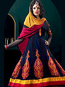 Be ready to slip in the comfort zone of navy blue georgette suit. The dazzling kameez have amazing floral embroidered patch work on kameez and sleeves done with resham and grave cotton silk border. Paired with matching dupatta and churidar, the entire ensemble makes an excellent wear. Slight Color variations are possible due to differing screen and photograph resolutions.