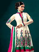 Be ready to slip in the comfort zone of white georgette suit. The dazzling kameez have amazing floral embroidered patch work on kameez and sleeves done with resham and grave cotton silk border. Paired with matching dupatta and churidar, the entire ensemble makes an excellent wear. Slight Color variations are possible due to differing screen and photograph resolutions.