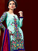 Exquisite combination of color, fabric can be seen here. This classic sky blue, pink churidar suit with dupatta is motivating. This kameez is enhanced with beautiful floral pattern on bottom to neck and sleeves done with resham and border patch work. Matching churidar and dupatta made it attractive and exclusive to others. Slight Color variations are possible due to differing screen and photograph resolutions.
