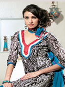 Be ready to slip in the comfort zone of this pretty suit. The dazzling kameez have marvelous paisley patterned print work on all over with embroidered border. Contrasting blue dupatta and churidar is available. This drape material is cotton. The entire ensemble makes an excellent wear. This casual wear suit can be made upto 44 inches. Slight Color variations are possible due to differing screen and photograph resolutions.