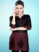 This Burgundy and Black Readymade Indo Western Tunic. This tunic is nicely designed with floral embroidery work done with cotton thread. This is perfect casual wear readymade tunics. This is made with linen cotton fabric. Slight color variations are possible due to differing screen and photograph resolution.