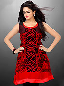 Attract all attentions with this embroidered kurti. This beautiful designer red and black georgette readymade tunic have amazing floral, abstract, geometric print and thread work. The entire ensemble makes an excellent wear. This is a perfect patry wear readymade kurti. Bottom and accessories shown in the image is just for photography purpose. Slight Color variations are possible due to differing screen and photograph resolutions.