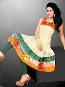 Essential collection of printed kurti with marvelous style. This beautiful designer cream, orange and green georgette readymade tunic have amazing floral print and embroidery patch work is done with resham work. The entire ensemble makes an excellent wear. This is a perfect patry wear readymade kurti. Bottom and accessories shown in the image is just for photography purpose. Slight Color variations are possible due to differing screen and photograph resolutions.