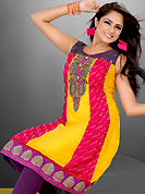 Envelope yourself in classic look with this charming kurti. This beautiful designer yellow and deep pink georgette readymade tunic have amazing embroidery patch work is done with resham and zari work. The entire ensemble makes an excellent wear. This is a perfect patry wear readymade kurti. Bottom and accessories shown in the image is just for photography purpose. Slight Color variations are possible due to differing screen and photograph resolutions.