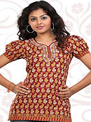 This mustard and maroon american crepe readymade tunic is nicely designed with paisley print and patch work. This is a perfect casual wear readymade kurti. Bottom shown in the image is just for photography purpose. Minimum quantity order 12pcs in each style. Slight Color variations are possible due to differing screen and photograph resolutions.