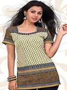 This cream american crepe readymade tunic is nicely designed with floral and zigzag print work. This is a perfect casual wear readymade kurti. Bottom shown in the image is just for photography purpose. Minimum quantity order 12pcs in each style. Slight Color variations are possible due to differing screen and photograph resolutions.