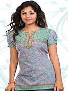 This light purple and sea green american crepe readymade tunic is nicely designed with floral print and patch work. This is a perfect casual wear readymade kurti. Bottom shown in the image is just for photography purpose. Minimum quantity order 12pcs in each style. Slight Color variations are possible due to differing screen and photograph resolutions.