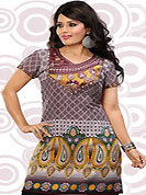 This burgundy and off white american crepe readymade tunic is nicely designed with floral, paisley and geometric print work. This is a perfect casual wear readymade kurti. Bottom shown in the image is just for photography purpose. Minimum quantity order 12pcs in each style. Slight Color variations are possible due to differing screen and photograph resolutions.