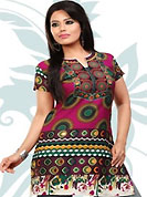 This magenta and burgundy american crepe readymade tunic is nicely designed with geometric and abstract print work. This is a perfect casual wear readymade kurti. Bottom shown in the image is just for photography purpose. Minimum quantity order 12pcs in each style. Slight Color variations are possible due to differing screen and photograph resolutions.