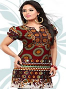 This maroon american crepe readymade tunic is nicely designed with geometric and abstract print work. This is a perfect casual wear readymade kurti. Bottom shown in the image is just for photography purpose. Minimum quantity order 12pcs in each style. Slight Color variations are possible due to differing screen and photograph resolutions.