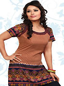 This light brown and dark navy blue american crepe readymade tunic is nicely designed with geometric and abstract print work. This is a perfect casual wear readymade kurti. Bottom shown in the image is just for photography purpose. Minimum quantity order 12pcs in each style. Slight Color variations are possible due to differing screen and photograph resolutions.