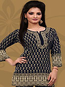 This black american crepe readymade tunic is nicely designed with abstract print work. This is a perfect casual wear readymade kurti. Bottom shown in the image is just for photography purpose. Minimum quantity order 12pcs in each style. Slight Color variations are possible due to differing screen and photograph resolutions.