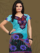 This light blue and black cotton readymade tunic is nicely designed with floral, paisley, geometric print and resham embroidery patch work. This is a perfect casual wear readymade kurti. Bottom shown in the image is just for photography purpose. Minimum quantity order 12pcs in each style. Slight Color variations are possible due to differing screen and photograph resolutions.