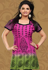 This magenta and pastel green cotton readymade tunic is nicely designed with floral, paisley print and patch work. This is a perfect casual wear readymade kurti. Bottom shown in the image is just for photography purpose. Minimum quantity order 12pcs in each style. Slight Color variations are possible due to differing screen and photograph resolutions.