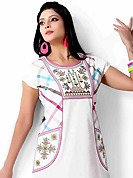 An endearing splash oh colors look gorgeous tridimensional charm. This beautiful designer white cotton readymade tunic have amazing embroidery patch work is done with resham work. The entire ensemble makes an excellent wear. This is a perfect patry wear readymade kurti. Accessories shown in the image is just for photography purpose. Bottom and accessories shown in the image is just for photography purpose. Slight Color variations are possible due to differing screen and photograph resolutions.