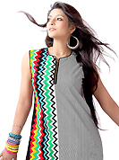 The traditional patterns used on this kurti maintain the ethnic look. This beautiful designer off white and black cotton readymade tunic have amazing zigzag, stripe print and embroidery patch work is done with resham work. The entire ensemble makes an excellent wear. This is a perfect patry wear readymade kurti. Accessories shown in the image is just for photography purpose. Bottom and accessories shown in the image is just for photography purpose. Slight Color variations are possible due to differing screen and photograph resolutions.