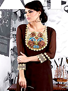 The evolution of style species collection spells pure femininity. This beautiful designer deep brown viscose georgette readymade tunic have amazing embroidery patch work is done with resham and lace work. The entire ensemble makes an excellent wear. This is a perfect patry wear readymade kurti. Accessories shown in the image is just for photography purpose. Slight Color variations are possible due to differing screen and photograph resolutions.