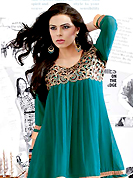 This season dazzle and shine in pure colors. This beautiful designer turquoise green georgette readymade tunic have amazing embroidery patch work is done with resham, zari and lace work. The entire ensemble makes an excellent wear. This is a perfect patry wear readymade kurti. Accessories shown in the image is just for photography purpose. Slight Color variations are possible due to differing screen and photograph resolutions.