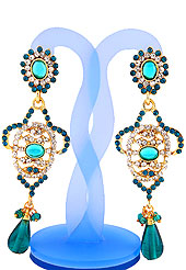 Grab some shine in this festive season. Beautiful earring is studded with Light Blue and White Diamonds with Stone in centre and hanging crystal moti. The base frame of earring is made with alloy metal. Slight Color variations are possible due to differing screen and photograph resolution.