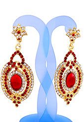 A pair of earrings looks excellent with delicate & elegant work. Earrings are nicely crafted with red and white diamonds studded oval shaped frame with red stone in centre. The base frame of earring is made with alloy metal. It’s used for wedding and party purpose. Keep away from water, sweat and perfume. Slight Color variations are possible due to differing screen and photograph resolution.