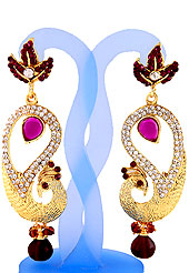 Each design has been carefully crafted keeping in mind the taste of today’s Indian woman. A classic earring is beautified with diamond and crystal moti work. Peacock shape frames studded with white and burgundy diamonds. Hanging moti and pink stone in centre is the main point of attraction. Keep away from water, sweat and perfume. Slight Color variations are possible due to differing screen and photograph resolution.
