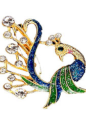 Grab some shine this wedding season. This beautiful peacock patterned green and blue color saree pin is crafted with diamonds and enamel work on alloy metal frame. Keep away from water, sweat and perfume. Slight Color variations are possible due to differing screen and photograph resolution.