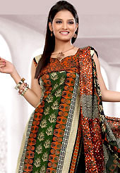 Keep the interest with this designer printed suit. This Suit has beautiful printed kameez which is crafted with floral print work. Color combination of suit is fascinating and make you trendy look. This casual wear drape made with cotton fabric. Matching dupatta and churidar is available. Slight Color variations are possible due to differing screen and photograph resolutions.