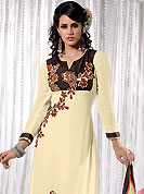 It is color this season and bright shaded suits are really something that is totally in vogue. This cream A-Line kameez has beautiful embroidered patch work done with resham, stone and dupion work in form of floral motifs. Embroidery on kameez and dupatta is highlighting the beauty of this suit. Matching dupatta and churidar come along with this suit. This beautiful party wear made with georgette fabric. Slight Color variations are possible due to differing screen and photograph resolutions.