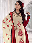 Elegance and innovation of designs crafted for you. This cream and maroon kameez has beautiful embroidered patch work done with resham and dupion work in form of floral motifs. Embroidery on kameez and dupatta is highlighting the beauty of this suit. Color combination of this suit is captivating and makes an impression to all. Santoon churidar and georgette dupatta come along with this suit. This beautiful party wear made with georgette fabric. Slight Color variations are possible due to differing screen and photograph resolutions.