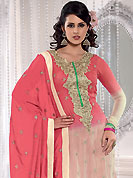 Embroidered suits are the best choice for a girl to enhance her feminine look. This peach and cream A-Line kameez has beautiful embroidered patch work done with resham, zari, sequins and dupion work in form of floral motifs. Embroidery on kameez and dupatta is highlighting the beauty of this suit. Santoon churidar and georgette dupatta come along with this suit. This beautiful party wear made with georgette fabric. Slight Color variations are possible due to differing screen and photograph resolutions.