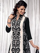 Ultimate collection of embroidered suits with fabulous style. This off white and black kameez has beautiful embroidered patch work done with resham, zari, sequins and dupion work in form of floral motifs. Embroidery on kameez and dupatta is highlighting the beauty of this suit. Santoon churidar and chiffon dupatta come along with this suit. This beautiful party wear made with georgette fabric. Slight Color variations are possible due to differing screen and photograph resolutions.