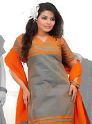 Envelope yourself in classic look with this charming suit. This beautiful kameez which is crafted with thread fringes and patch work. Color combination of suit is fascinating and make you trendy look. This casual wear drape made with south cotton fabric. Contrasting orange churidar and dupatta is available. Slight Color variations are possible due to differing screen and photograph resolutions.