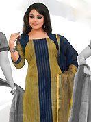 Different colors are a perfect blend of traditional Indian heritage and contemporary artwork. This beautiful kameez which is crafted with stripe print, self weaving, thread fringes and patch work. Color combination of suit is fascinating and make you trendy look. This casual wear drape made with south cotton fabric. Contrasting navy blue churidar and dupatta is available. Slight Color variations are possible due to differing screen and photograph resolutions.