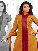 The popularity of this dress comes from the fact that it showcases the beauty modesty as well as exquisitely. This beautiful kameez which is crafted with stripe print, self weaving, thread fringes and patch work. Color combination of suit is fascinating and make you trendy look. This casual wear drape made with south cotton fabric. Contrasting maroon churidar and dupatta is available. Slight Color variations are possible due to differing screen and photograph resolutions.