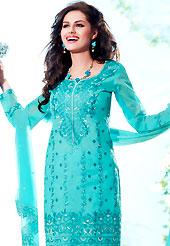 Keep the interest with this designer embroidery suit. This aqua blue beautiful kameez is nicely designed with embroidery patch work. Embroidery is done with resham and lace work. Beautiful embroidery work is enhancing the beauty of this kameez. Matching cotton churidar and faux chiffon dupatta come along with this suit. This beautiful suit is made with organdy cotton fabric. This unstitched kameez is customized upto 44 inches. Slight Color variations are possible due to differing screen and photograph resolutions.