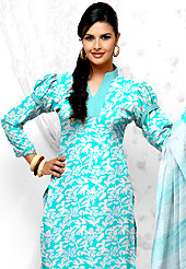 Attract all attentions with this printed suit. This Suit has beautiful printed kameez which is crafted with floral pattern. This casual wear drape made with cotton fabric. Matching dupatta and churidar is available. The entire ensemble makes an excellent wear. Slight Color variations are possible due to differing screen and photograph resolutions.