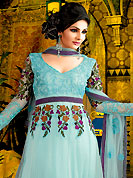 It is color this season and bright shaded suits are really something that is totally in vogue. The dazzling light blue anarkali churidar suit have amazing embroidered with all over resham and patch work. Beautiful embroidery work on kameez is stunning. The entire ensemble makes an excellent wear. Matching churidar and dupatta is available with this suit. This beautiful wedding wear suit is made with net fabric. Slight Color variations are possible due to differing screen and photograph resolutions.